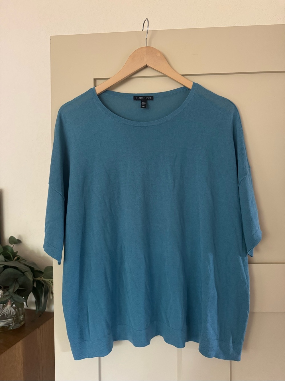 Eileen Fisher Blue Knit Top L Shirt Short Sleeve